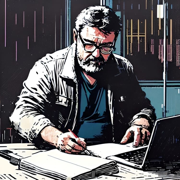 Middle-aged man writing comic book scripts.