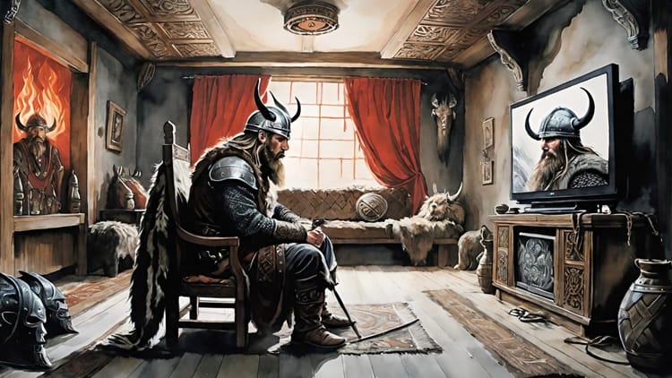 Viking watching a Viking movie on a flatscreen television his long hall.
