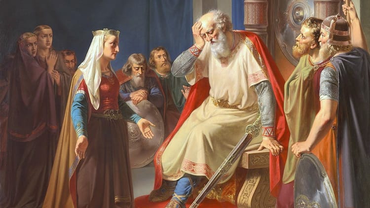 Thyra telling Gorm of the death of their son Canute, painting by August Carl Vilhelm Thomsen