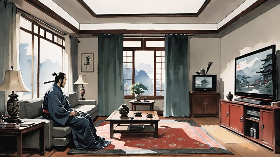 Samurai watching a samurai movie on his flat screen tv.