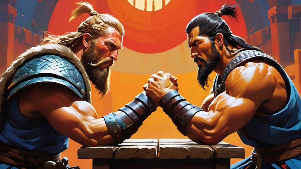 Viking and samurai arm wrestling.